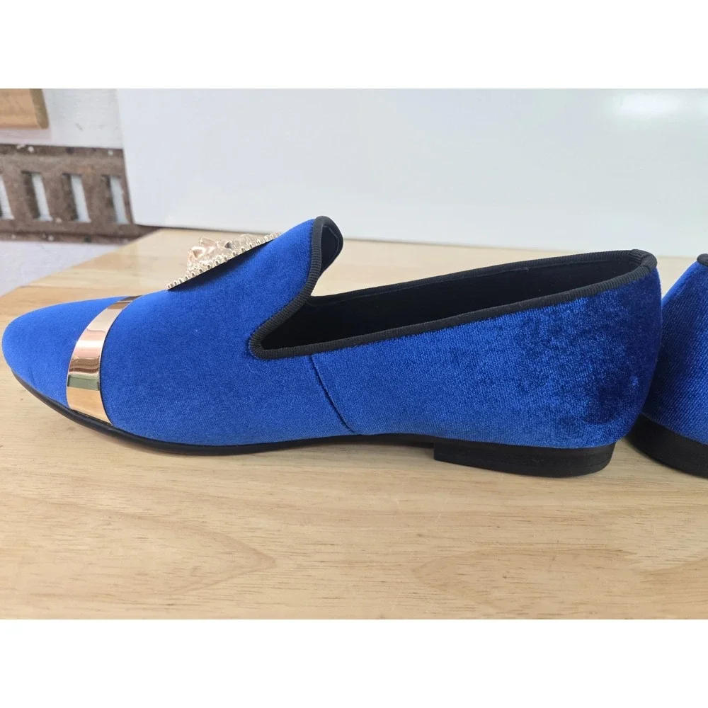 Harpelunde Men's Velvet Loafers Blue‎ Gold Lion Buckle Size 7